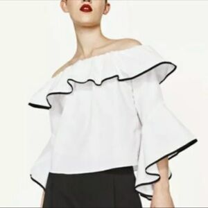 ZARA Ruffled Sleeve Off The Shoulder Top White